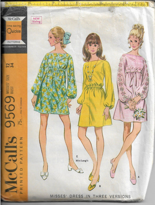 McCalls 9569  Ladies Mini Dress Empire Waist Vintage Sewing Pattern 1960s - VintageStitching - Vintage Sewing Patterns