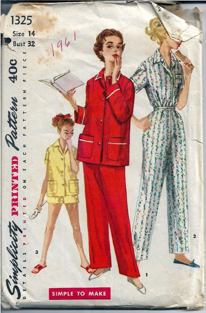 Simplicity 1325 Ladies Pajamas Shortie Two Piece Vintage Sewing Pattern 1950s - VintageStitching - Vintage Sewing Patterns