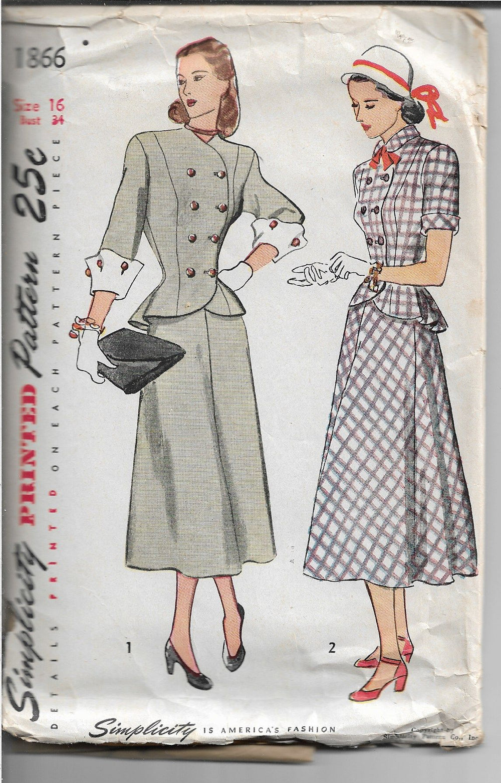 Simplicity 1866 Ladies Two Piece Dress Vintage Sewing Pattern 1940s - VintageStitching - Vintage Sewing Patterns