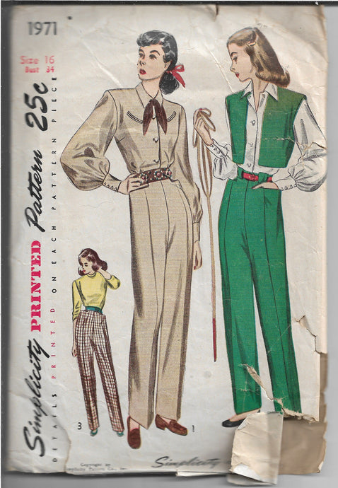 Simplicity 1971 Ladies Pants Bolero Jacket Blouse Vintage Sewing Pattern 1940s - VintageStitching - Vintage Sewing Patterns