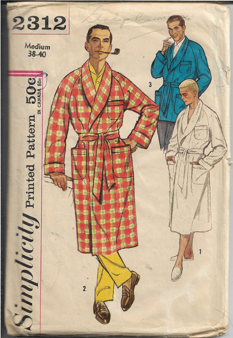 Simplicity 2312 Vintage Sewing Pattern 1950s Mens Robe Lounge Jacket - VintageStitching - Vintage Sewing Patterns
