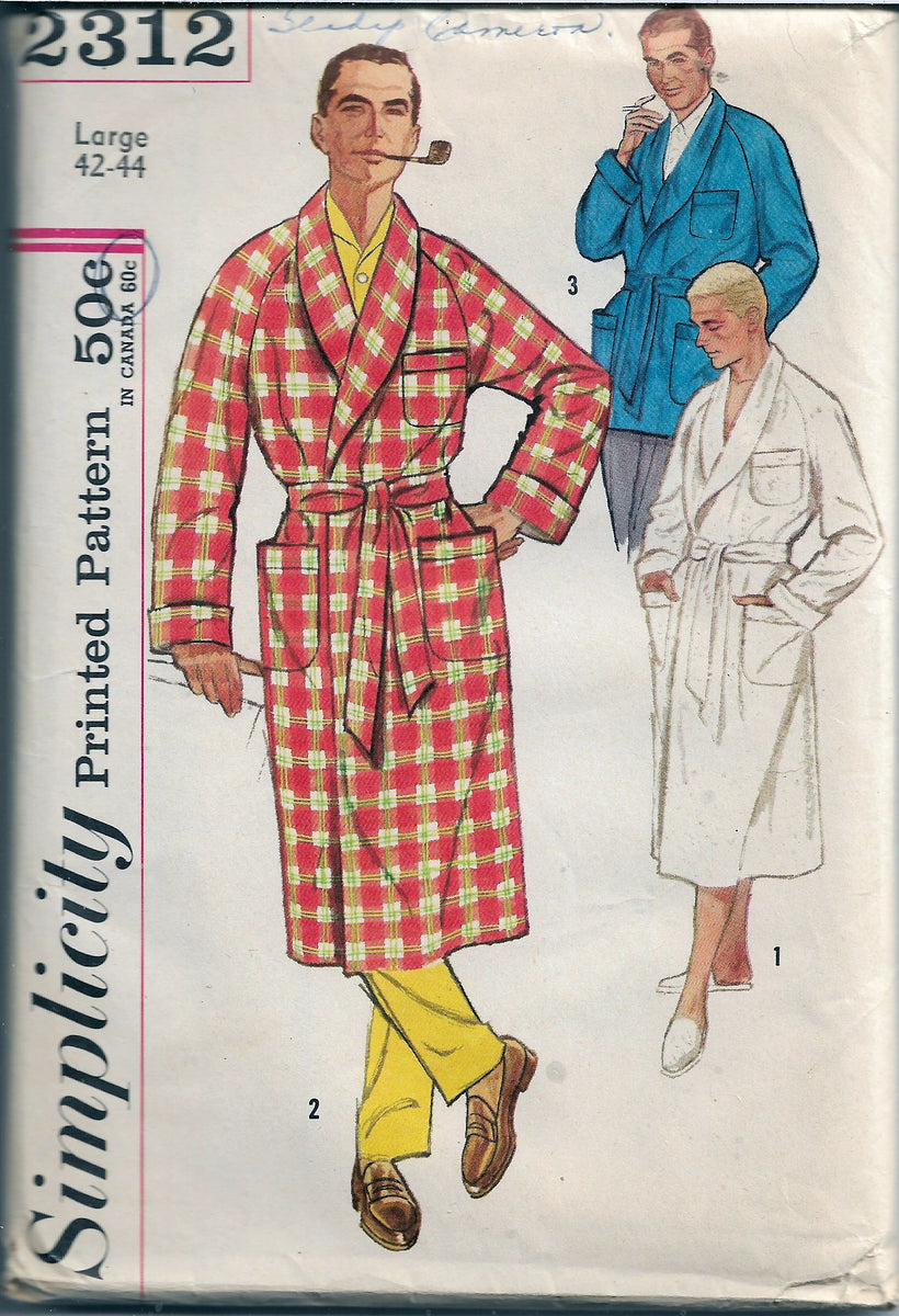 Simplicity 2312 Vintage Sewing Pattern 1950s Mens Robe Lounge Jacket ...