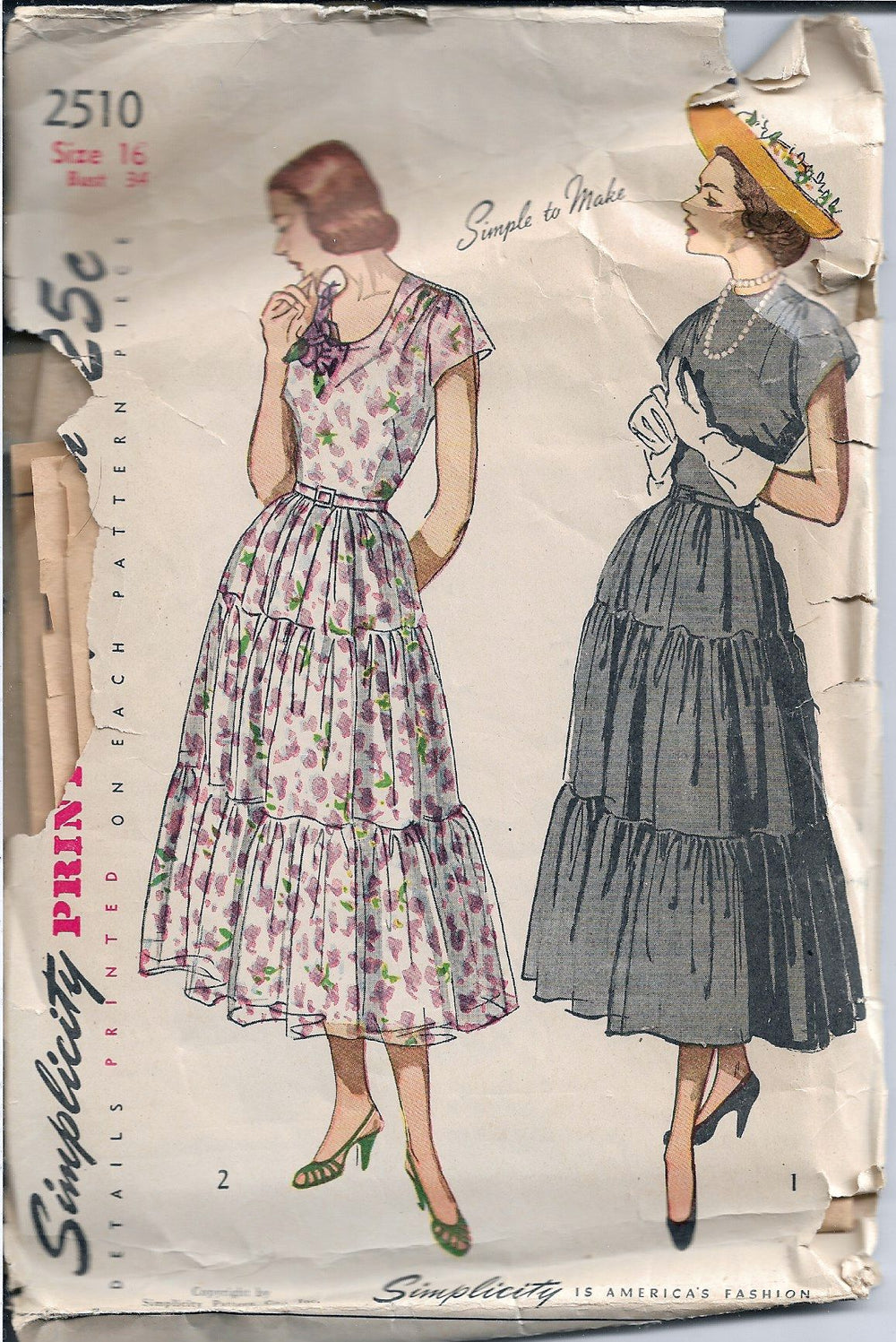 Simplicity 2510 Ladies Tiered Dress Vintage Sewing Pattern 1940s - VintageStitching - Vintage Sewing Patterns