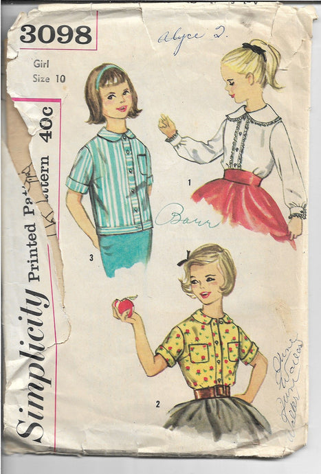 Simplicity 3098 Girls Blouse Vintage Sewing Pattern 1950s - VintageStitching - Vintage Sewing Patterns