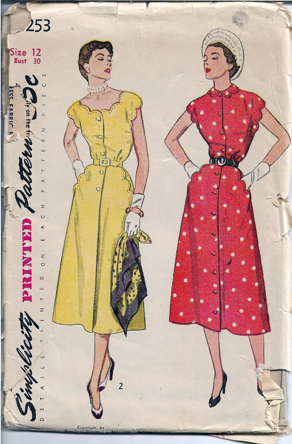 Simplicity 3253 Ladies Scalloped Buttoned Dress Vintage Sewing Pattern 1950s - VintageStitching - Vintage Sewing Patterns