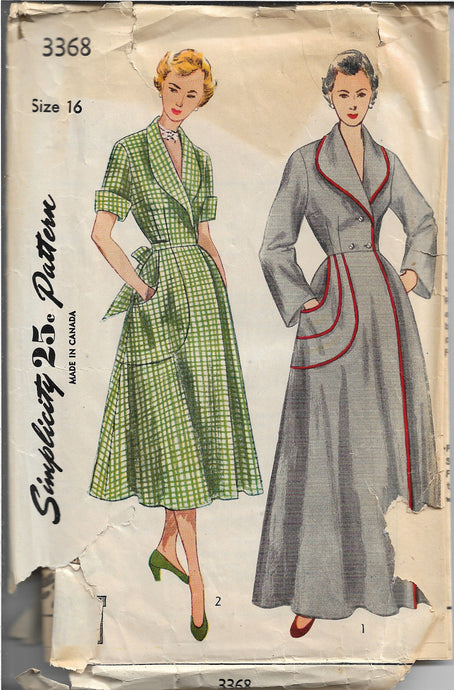 Simplicity 3368 Ladies Housecoat Robe Vintage Sewing Pattern 1950s - VintageStitching - Vintage Sewing Patterns