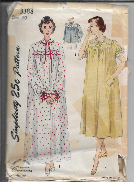 Simplicity 3388 Vintage Sewing Pattern 1950s Ladies Nightgown Bed Jacket - VintageStitching - Vintage Sewing Patterns