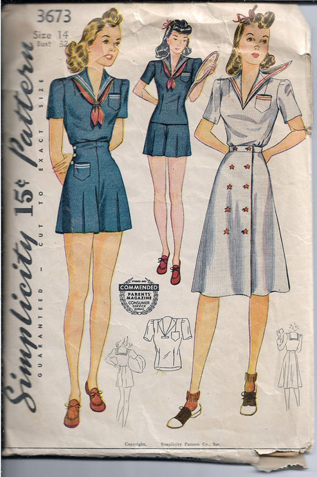 Simplicity 3673 Ladies Playsuit Romper Sailor Dress Vintage Sewing Pattern 1940s - VintageStitching - Vintage Sewing Patterns