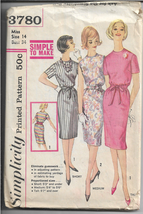 Simplicity 3780 Vintage Sewing Pattern 1960s Ladies Slim Dress - VintageStitching - Vintage Sewing Patterns