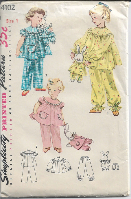 Simplicity 4102 Toddlers Pajamas Bunny Vintage Sewing Pattern 1950s - VintageStitching - Vintage Sewing Patterns