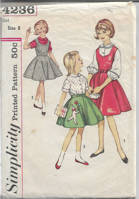 Simplicity 4236 Girls Jumper Dress Flared Skirt Vintage Sewing Pattern 1960s - VintageStitching - Vintage Sewing Patterns