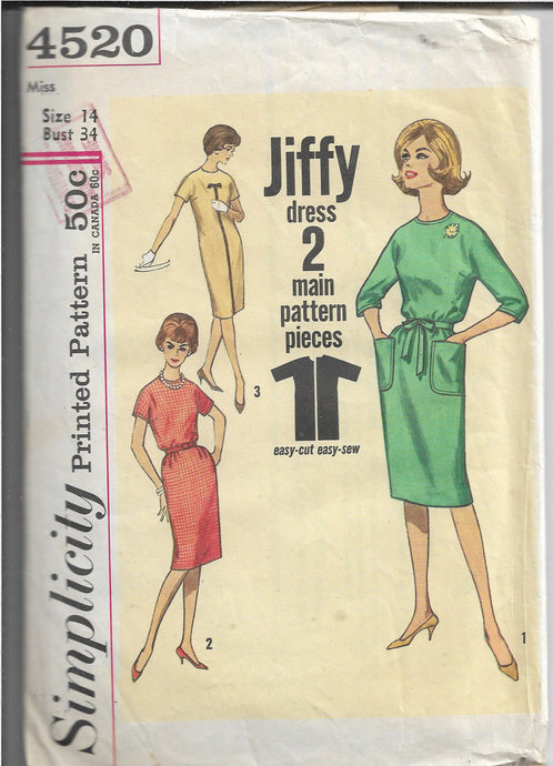 Simplicity 4520 Vintage Sewing Pattern 1960s Ladies One Piece Dress - VintageStitching - Vintage Sewing Patterns