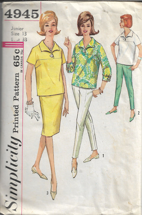 Simplicity 4945 Vintage Sewing Pattern 1960s Ladies Blouse Pants Skirt Junior - VintageStitching - Vintage Sewing Patterns