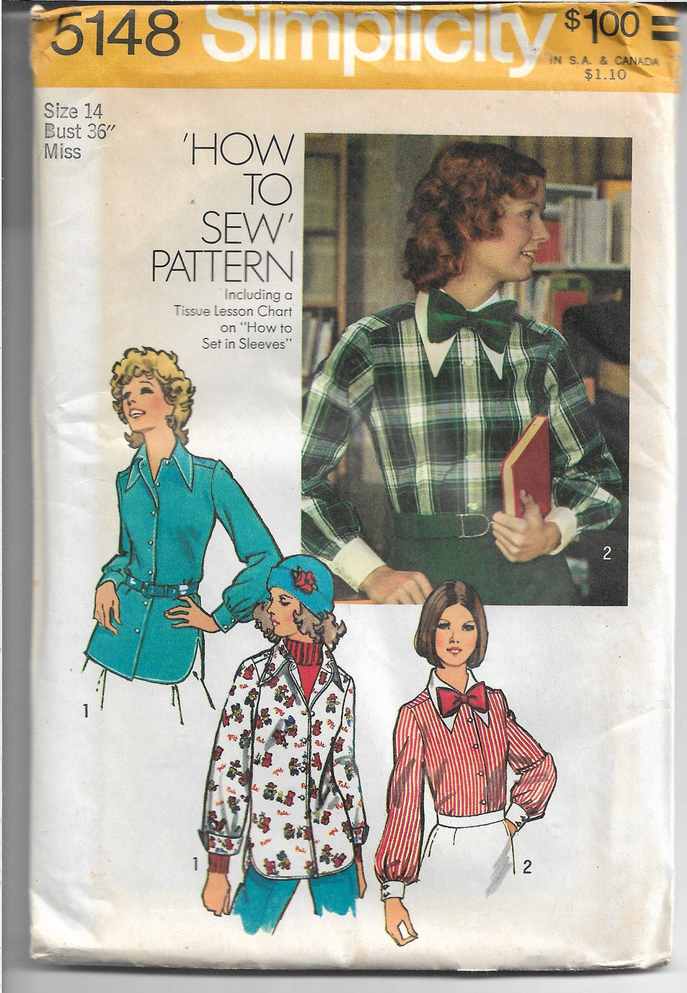 Simplicity 5148 Ladies Blouse Bow Tie Vintage Sewing Pattern 1970s - VintageStitching - Vintage Sewing Patterns