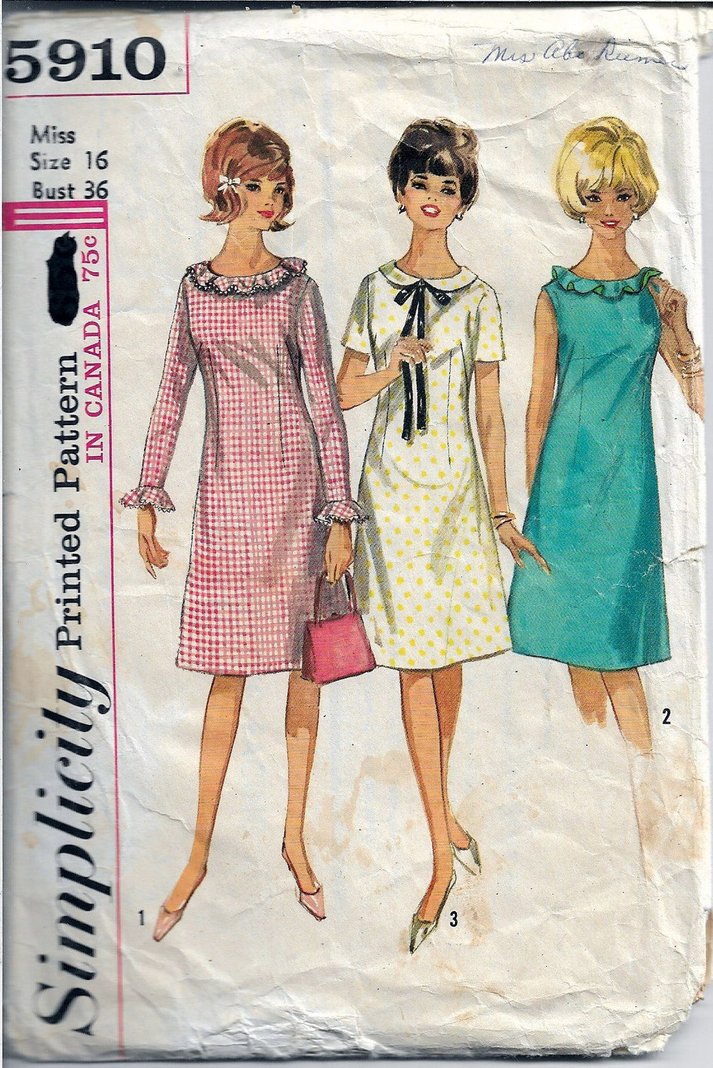 Simplicity 5910 Ladies A Line Dress Vintage Sewing Pattern 1960's - VintageStitching - Vintage Sewing Patterns