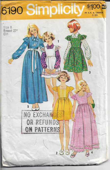 Simplicity 6190 Girls Gown Jumper Dress Vintage Sewing Pattern 1970s - VintageStitching - Vintage Sewing Patterns