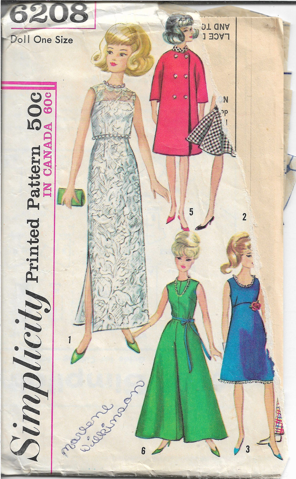 Simplicity 6208 Barbie Doll Clothes Vintage Sewing Craft Pattern 1960s - VintageStitching - Vintage Sewing Patterns