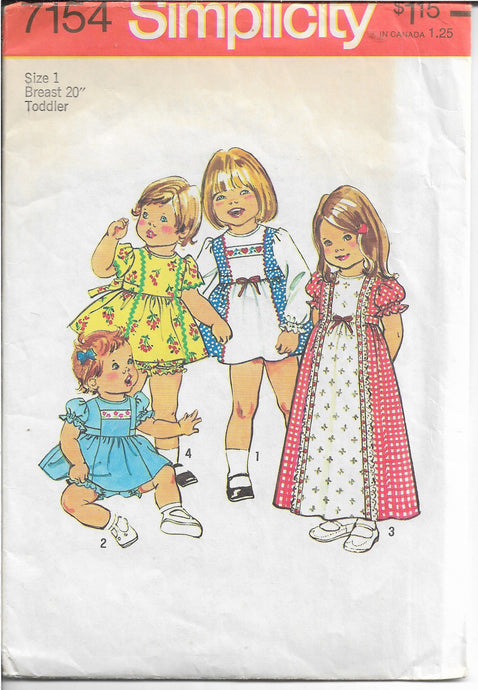 Simplicity 7154 Toddlers Shortie Dress Panties Vintage Sewing Pattern 1970s - VintageStitching - Vintage Sewing Patterns