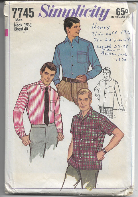 Simplicity 7745 Mens Shirt Vintage Sewing Patterns 1960s - VintageStitching - Vintage Sewing Patterns