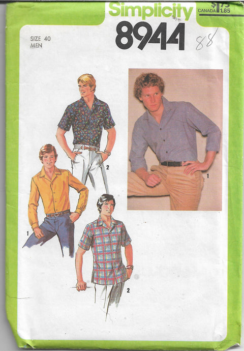 Simplicity 8944 Mens Shirt Vintage Sewing Pattern 1970s - VintageStitching - Vintage Sewing Patterns