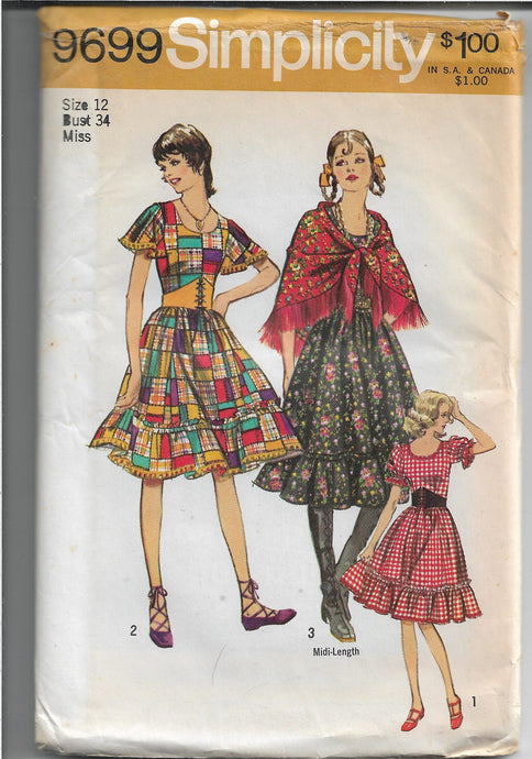 Simplicity 9699 Ladies Gypsy Dress Shawl Vintage Sewing Pattern 1970s - VintageStitching - Vintage Sewing Patterns