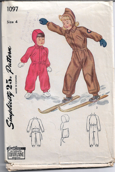 simplicity 1097 child snowsuit vintage pattern 1940s