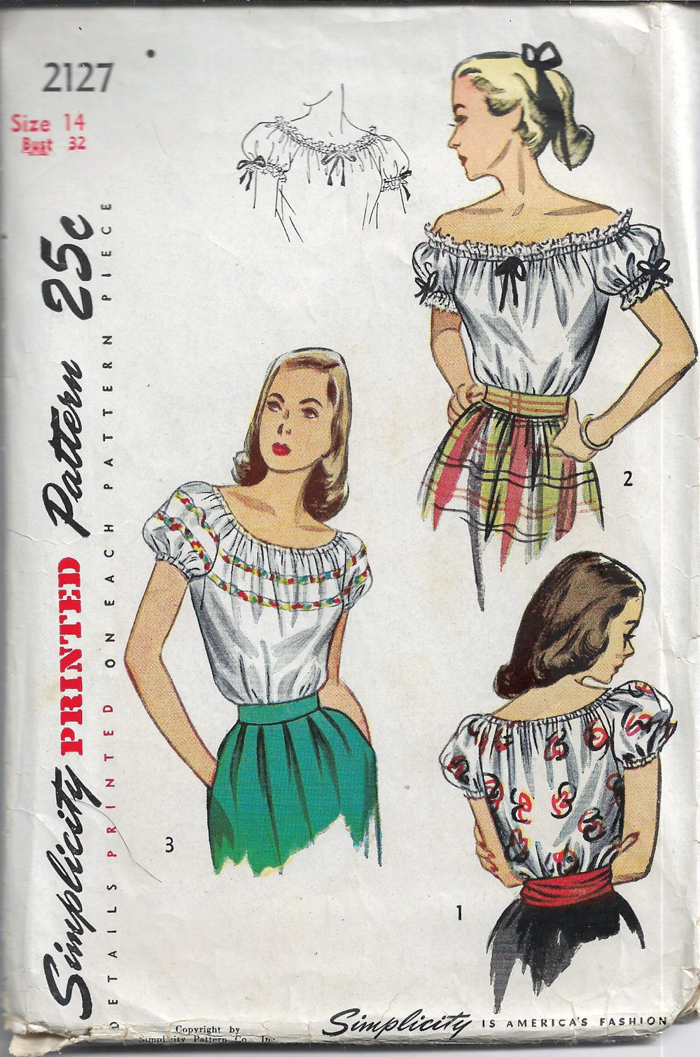 Simplicity 2127 Puff Sleeve Off Shoulder Blouse Vintage Sewing Pattern 