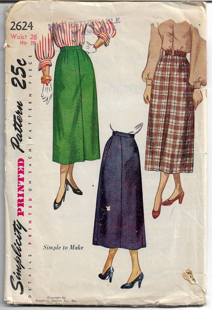 Simplicity 2624 Ladies Skirt Dart Fitted Vintage 1940's Sewing Pattern ...