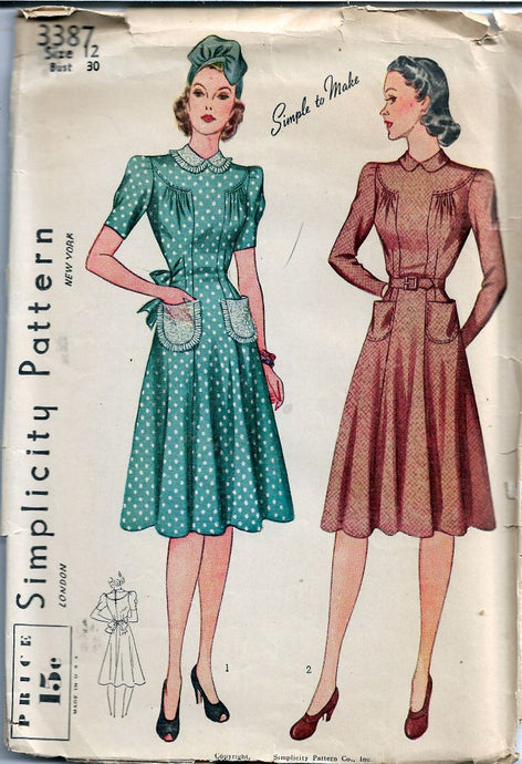 Simplicity 3387 Ladies Day Dress Vintage Sewing Pattern 1940s