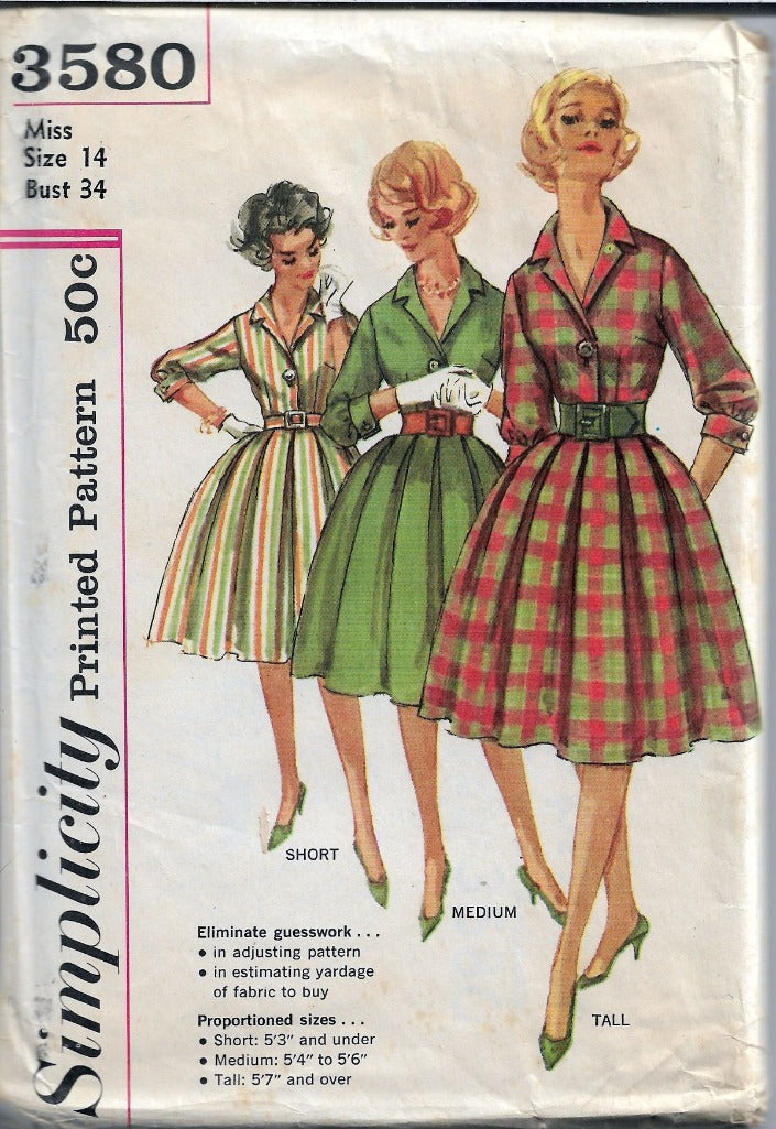 Simplicity 3580 Vintage Sewing Pattern 1960s Ladies Dress Pleated Skirt Shirtwaist - VintageStitching - Vintage Sewing Patterns