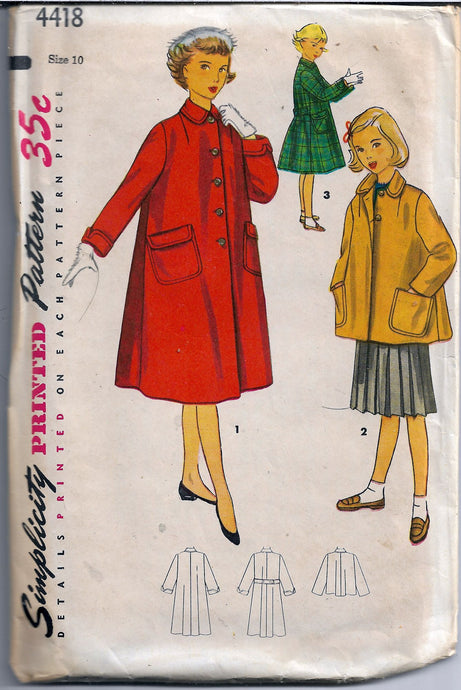 simplicity 4418 girls coat vintage 1950s pattern