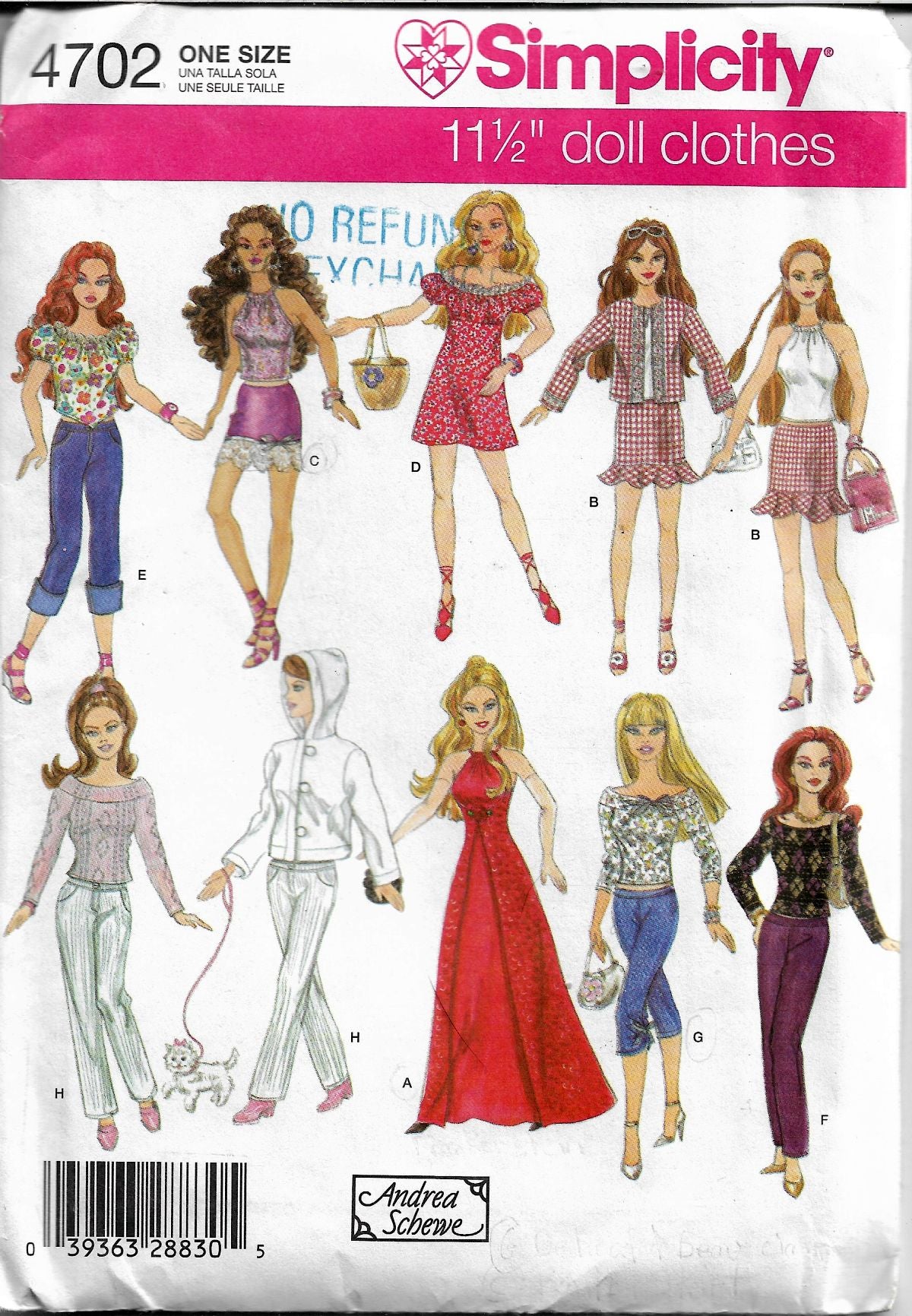 Simplicity 4702 Barbie Doll Clothes Wardrobe Pattern Dress Pants Top