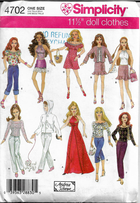 Simplicity 4702 Barbie Doll Clothes Wardrobe Pattern Dress Pants Top - VintageStitching - Vintage Sewing Patterns