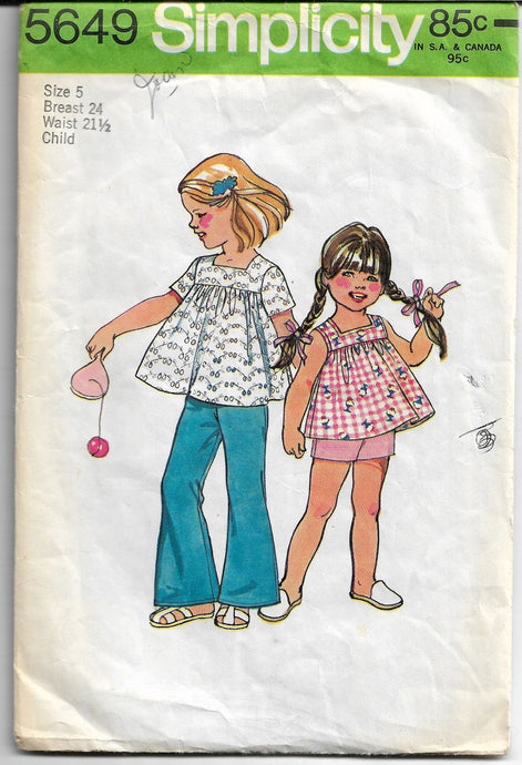 simplicity 5649 girls smock bell bottoms vintage pattern 1970s