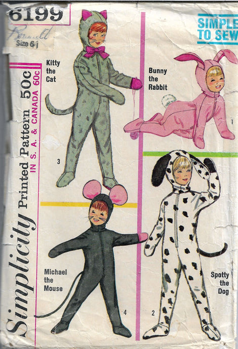 Simplicity 6199 Vintage Pattern Childrens Animal Costume - VintageStitching - Vintage Sewing Patterns