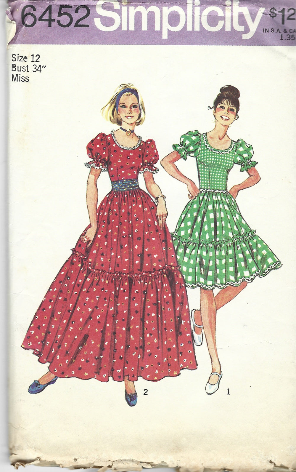 Simplicity 6452 Ladies Country Prairie Dress Cummerbund Vintage Sewing Pattern 1970s