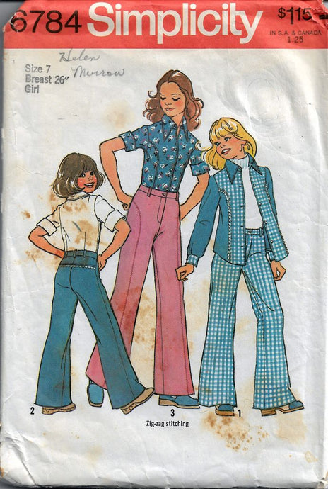Simplicity 6784 Girls Shirt Boy Cut Jeans Vintage 1970's Sewing Pattern - VintageStitching - Vintage Sewing Patterns