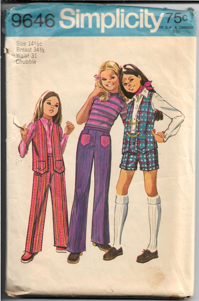 Simplicity 9646 Vintage Sewing Pattern Girls Pants Shorts Vest Chubbie - VintageStitching - Vintage Sewing Patterns