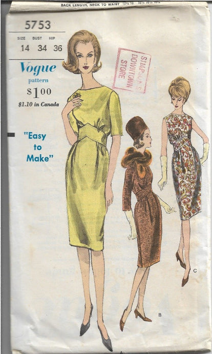Vogue 5753 Vintage Sewing Pattern 1960s Ladies Sheath Dress - VintageStitching - Vintage Sewing Patterns