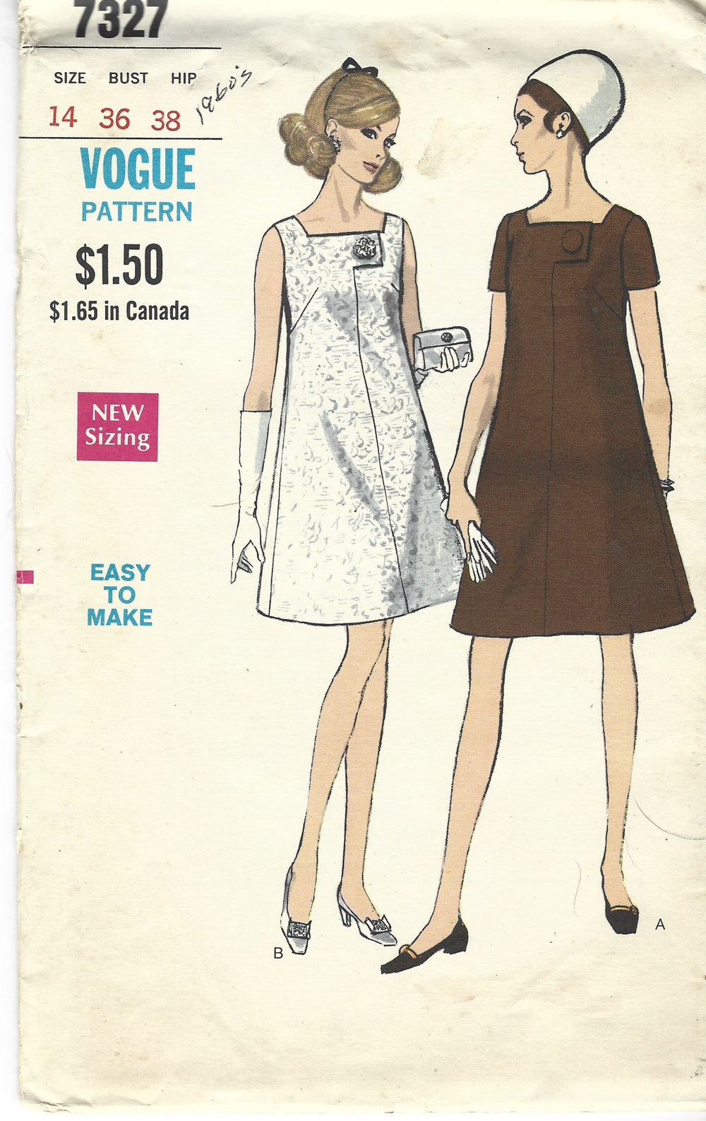 Vogue 7327 Ladies Dress Square Neckline Vintage Sewing Pattern 1960s