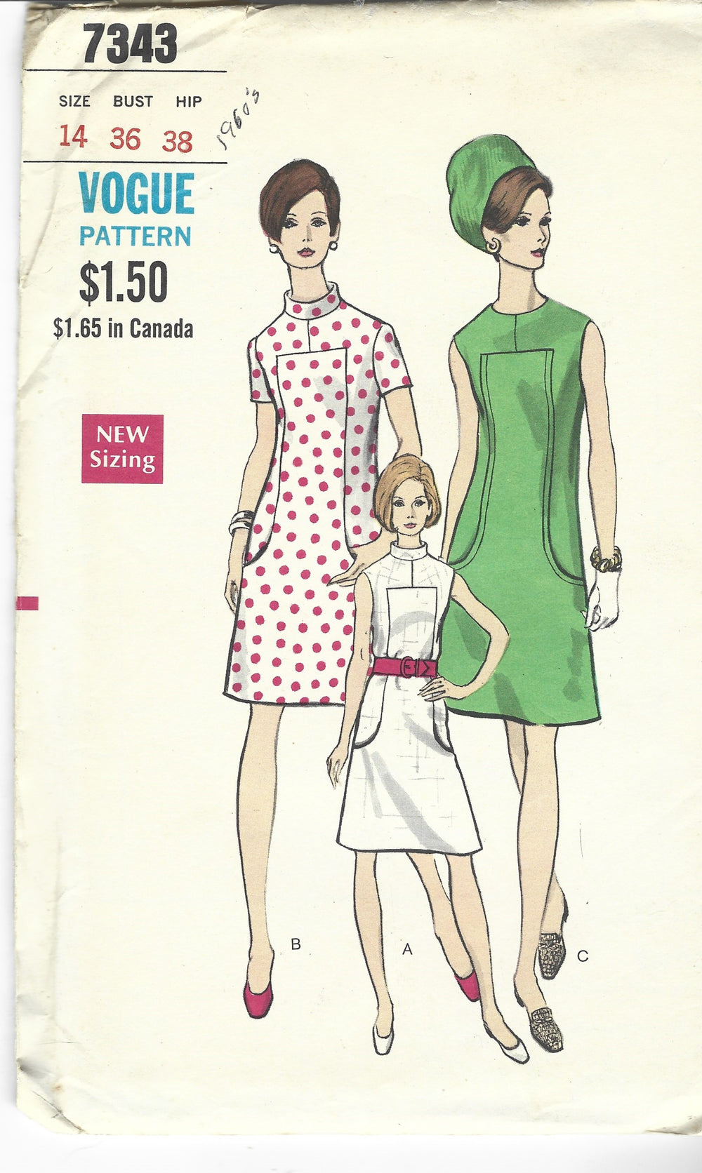 Vogue 7343 Ladies A-Line Dress Vintage Pattern 1960s