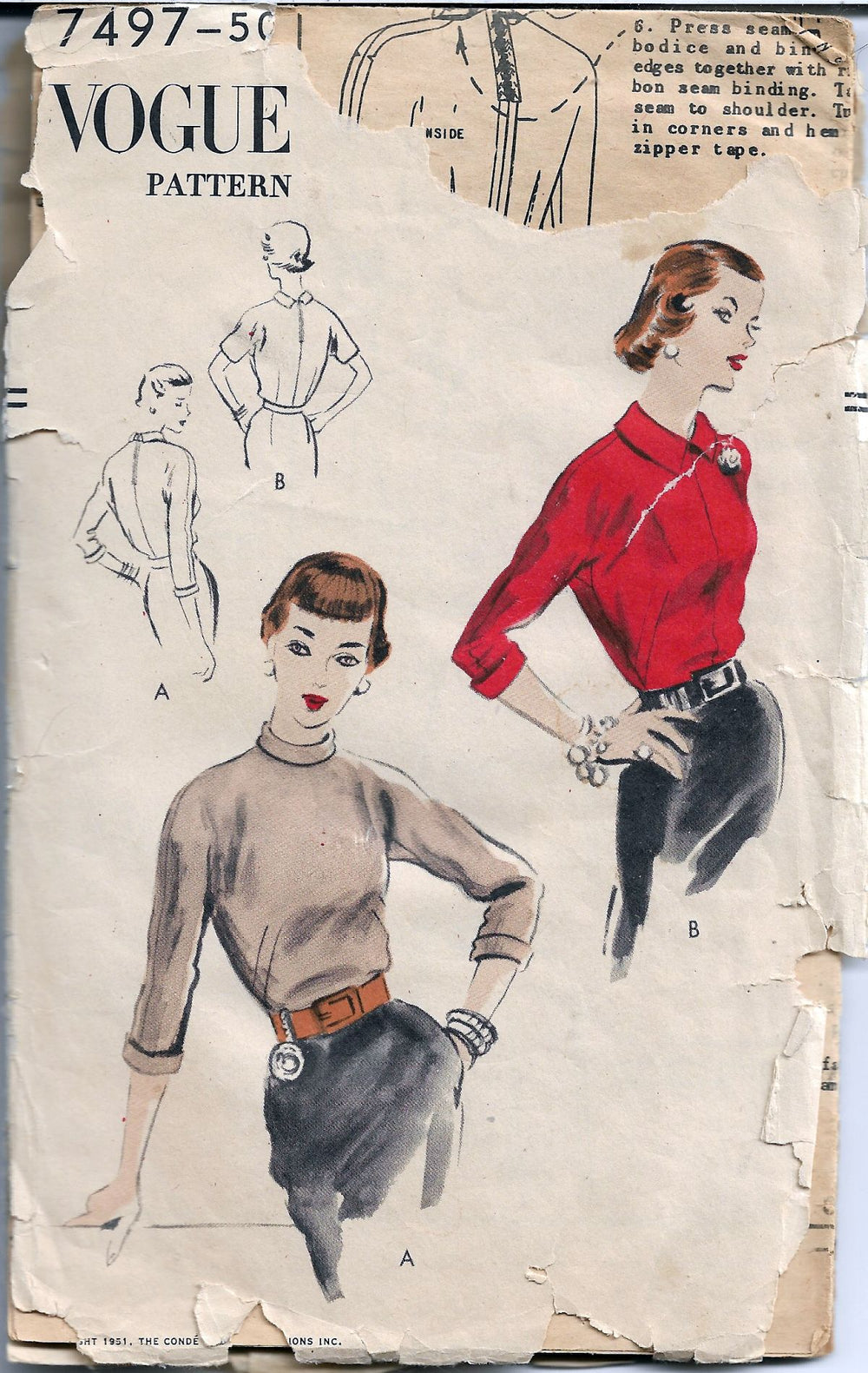vogue 7497 ladies blouse vintage pattern 1950s