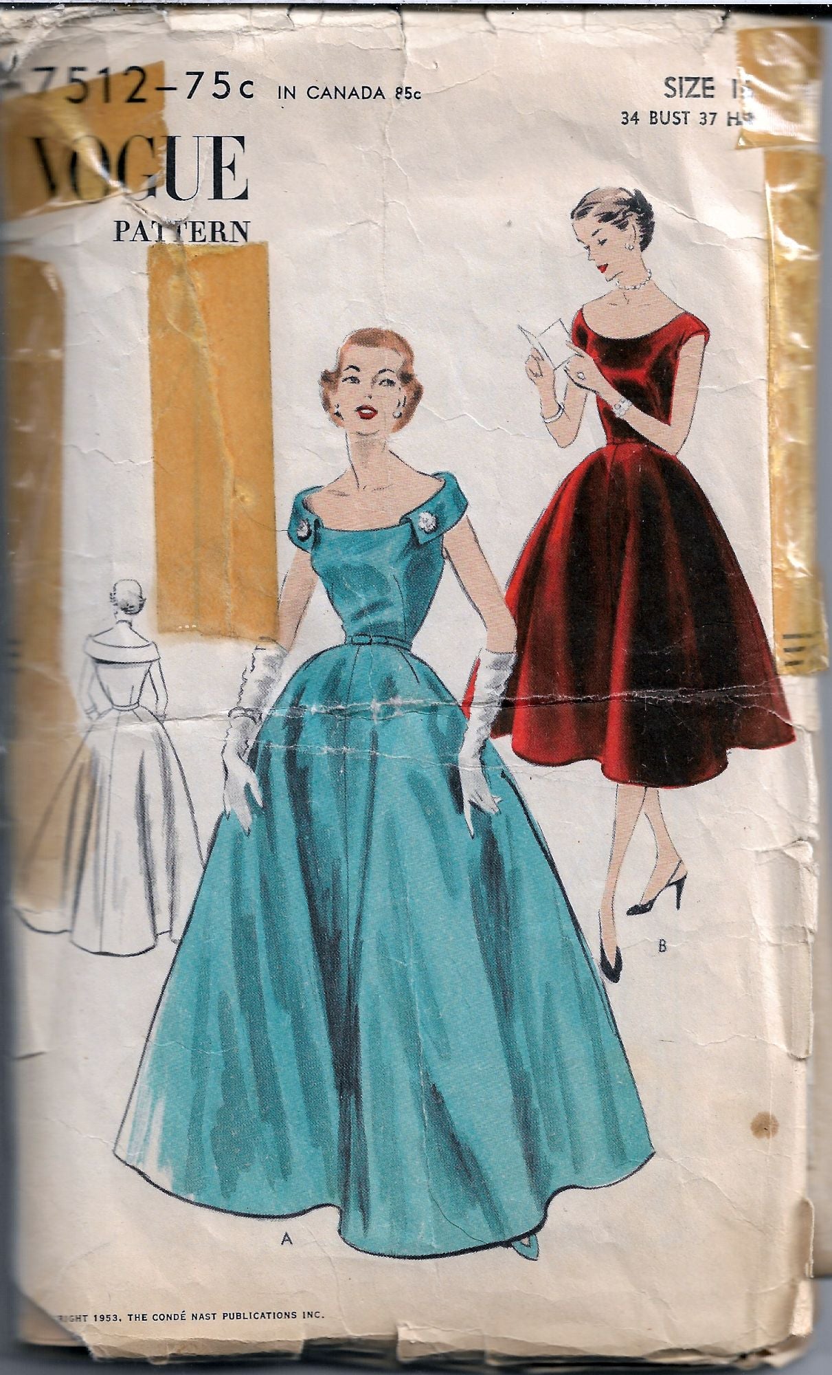 ORIGINAL Vintage Sewing Pattern 1950s Ladies Evening Cocktail Gown Vogue  9180 Size 34 Bust